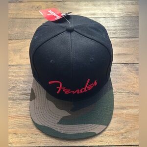 FENDER Black Flatbill Hat with Red Logo and Camouflage Brim Unisex NWT